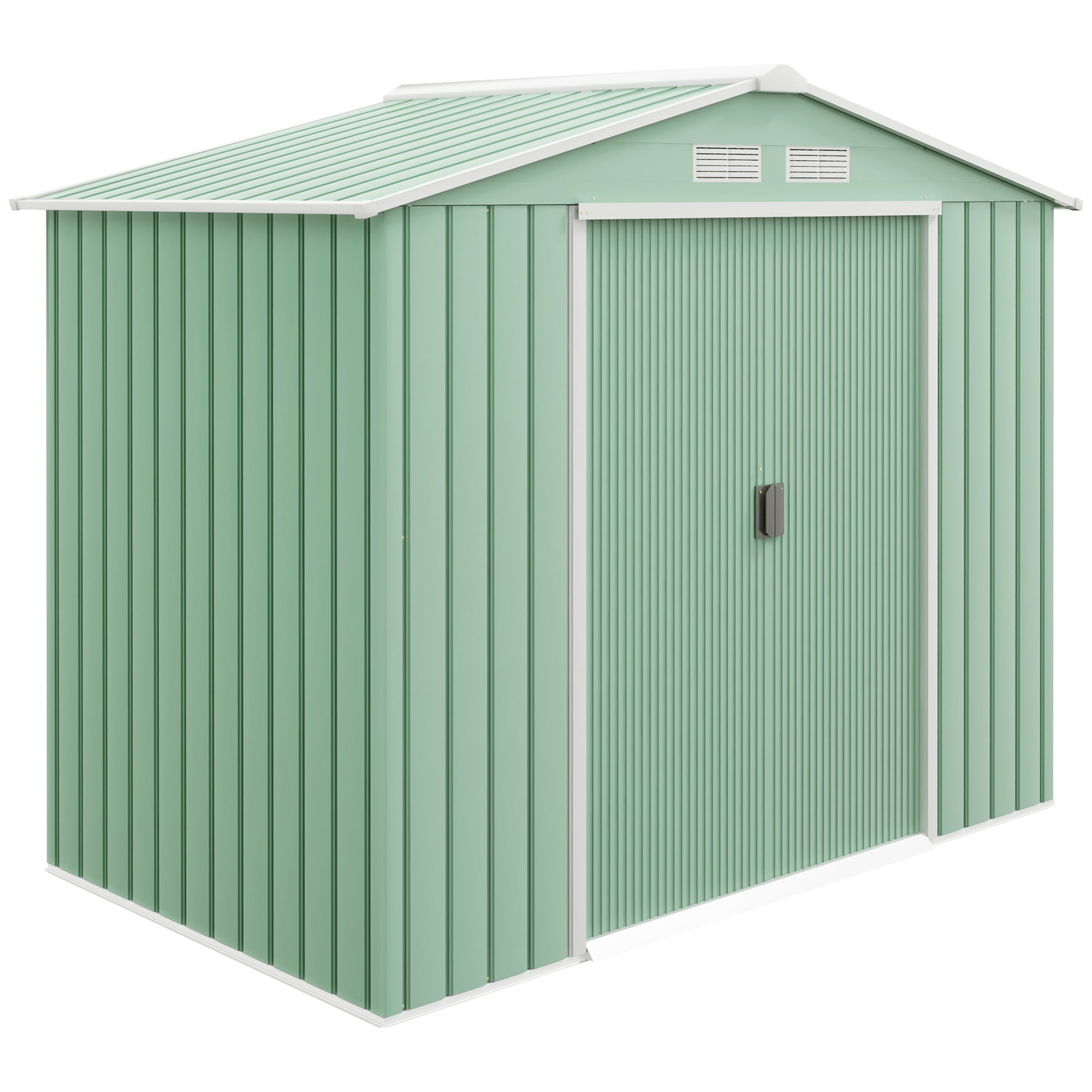 Haveskur, 2 skydedøre, ventilationsvindue, bundramme, rustfrit stål, lysegrøn, 2,13 x 1,30 x 1,85 m