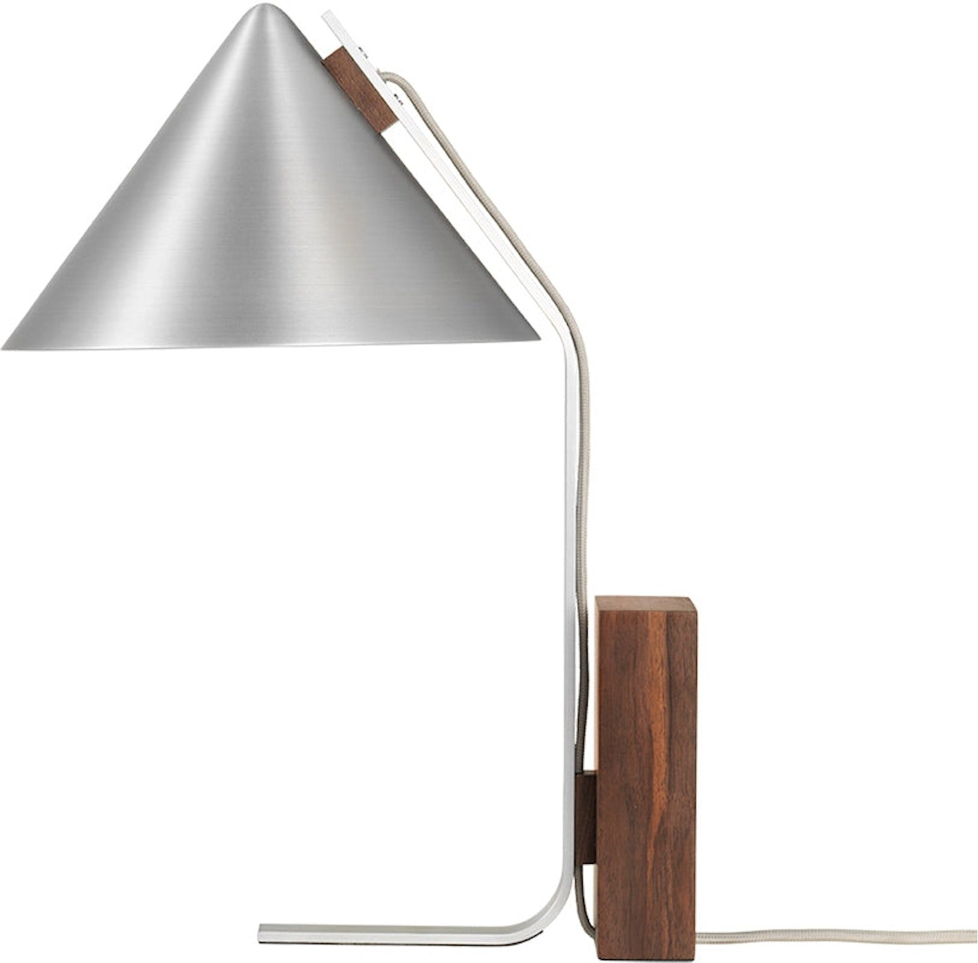 Bordlampe/Læselampe Kristina Dam Cone sølv i børstet aluminium og valnøddetræ Ø25ÃH44 cm