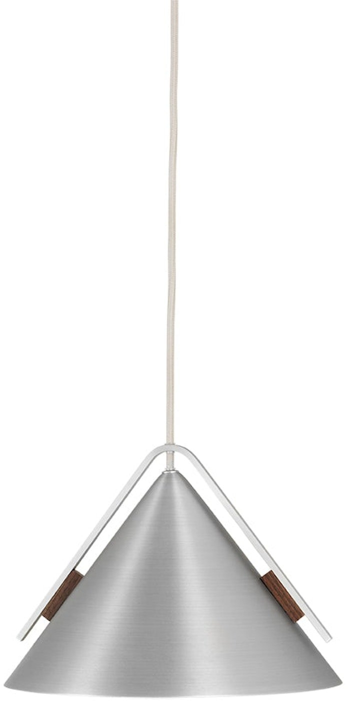 Pendellampe Kristina Dam Cone i børstet aluminium med valnøddetaljer, sølv Ø25 cm