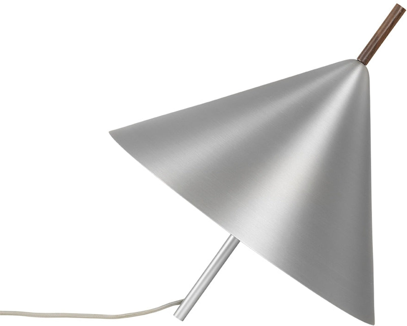 Bordlampe Kristina Dam Cone skulpturel snurretop i børstet aluminium & massivt valnød Ø40 x H40 cm sølv