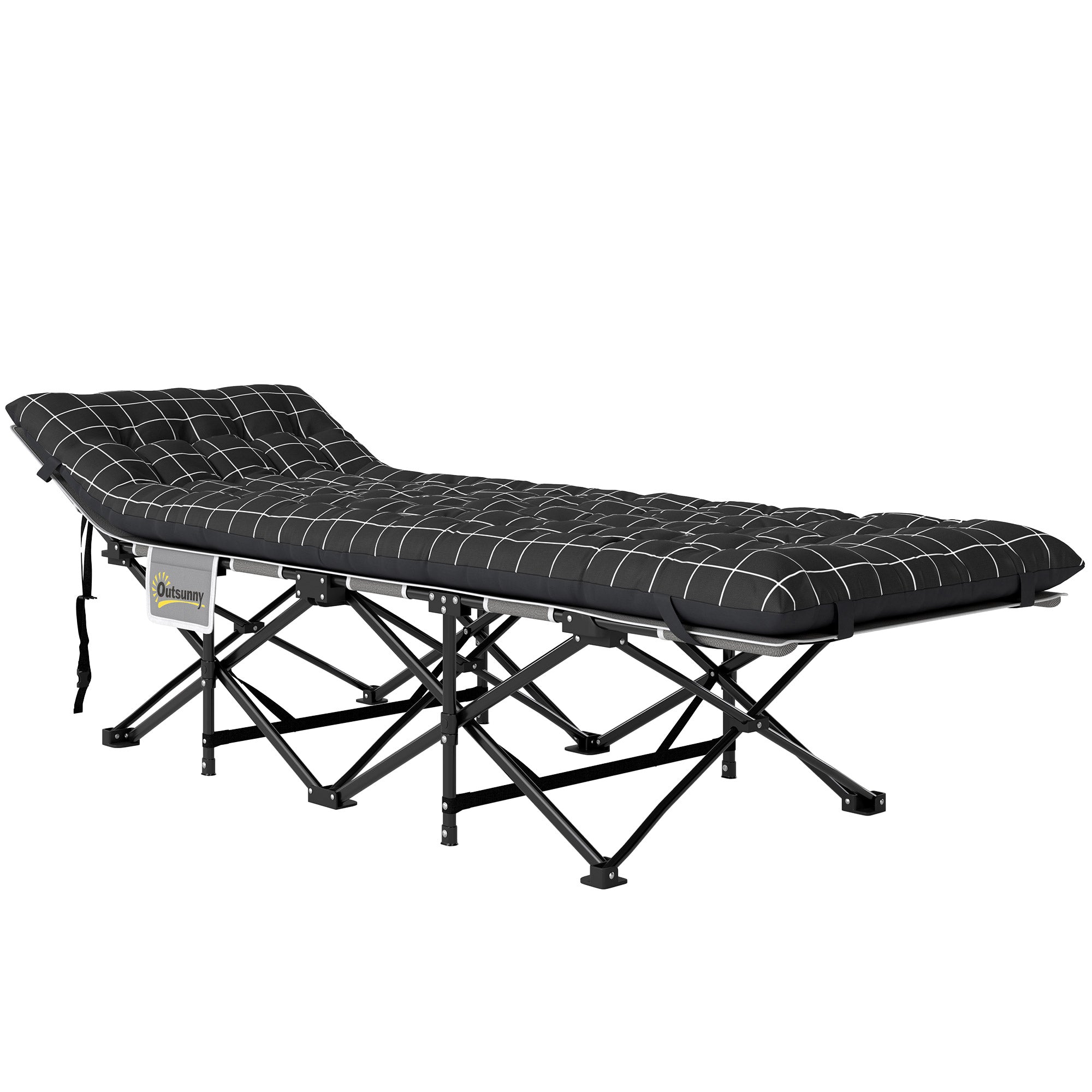 Sammenklappelig campingseng, feltseng med madras, ergonomisk, metalramme, sort