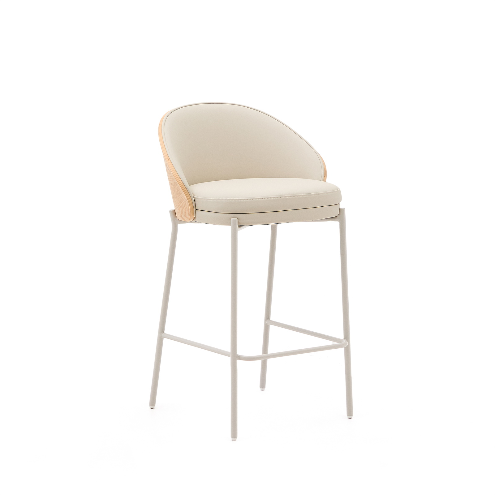 Barstol Kave Home Eamy beige kunstlæder med askefinér ryglæn og pulverlakeret stålstel 65 cm sædehøjde