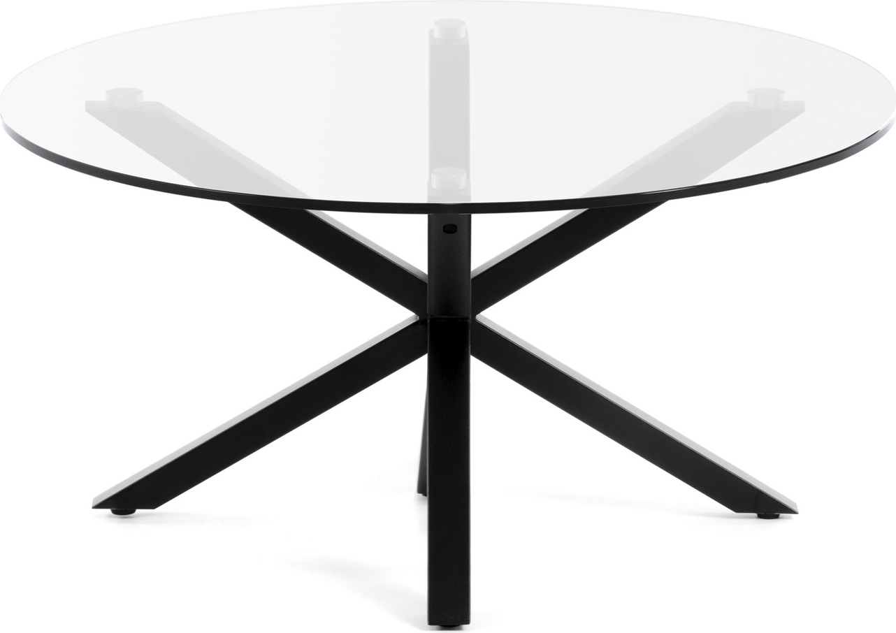 Rundt sofabord Kave Home Argo med klar glasplade & flettet sort stålstel Ø82 cm