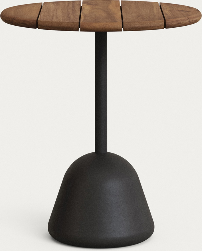 Udendørs cafébord Kave Home Saura sort metal top & valnødde akacietræ Ø70 x H75 cm