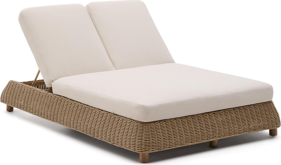 Udendørs dobbeltsolseng Kave Home Meria lysebrun syntetisk flet/rattan 144x218 cm med recliner og UV-resistent aftageligt betræk