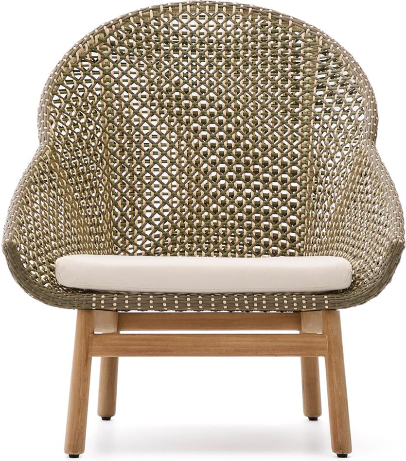 Udendørs lænestol Kave Home Olbia grøn teak/rattan med aftagelig vandafvisende pude H95ÃB86ÃD86 cm