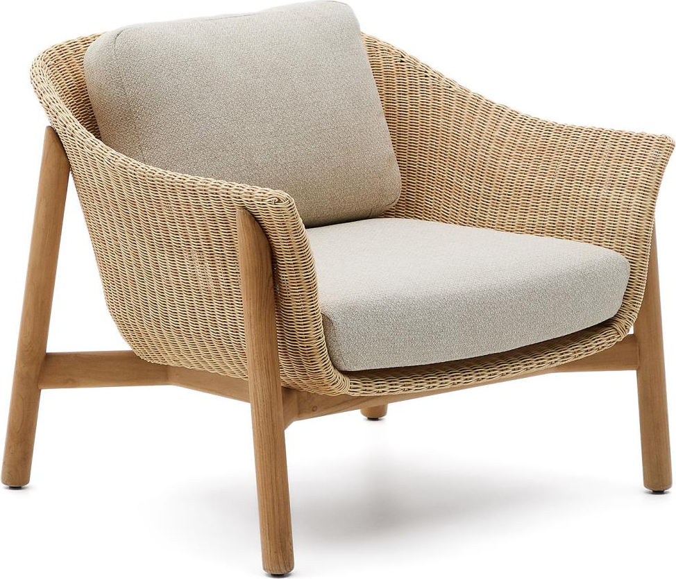 Udendørs lænestol Kave Home Galea lounge stol, teaktræ og syntetisk rattan, beige