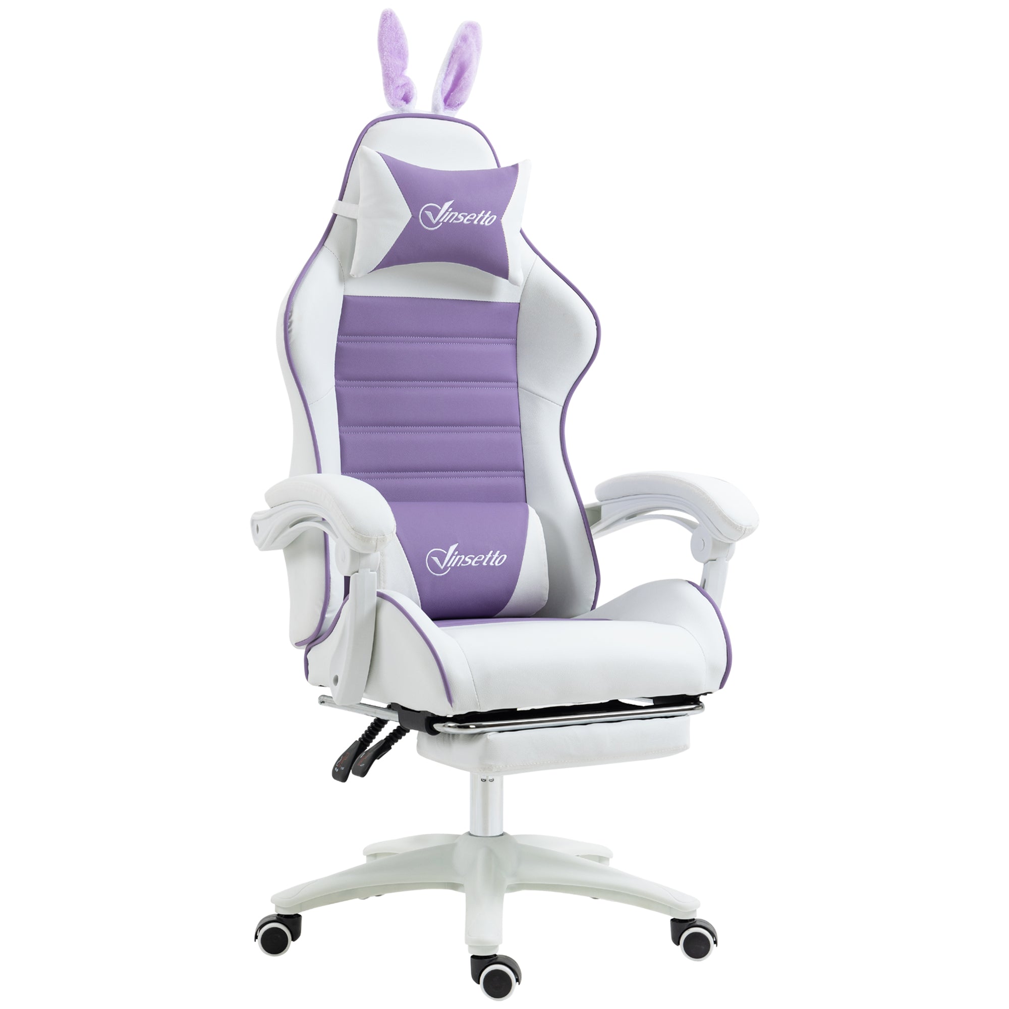 Gamingstol ergonomisk med lændestøtte, fodstøtte, pude med kaninører, lilla