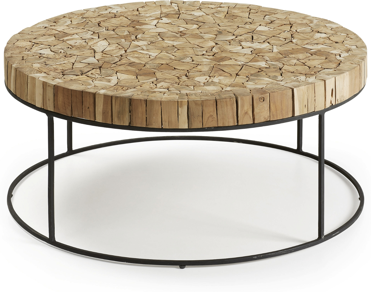 Kaffebord Kave Home Solo  -  massivt genanvendt teaktræ sofabord, 80x80x35 cm rustik kolonial, sort pulverlakeret stål
