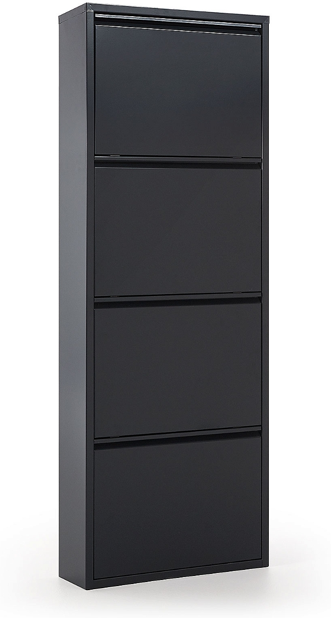 Skoreol Kave Home Ode  -  sort pulverlakeret stål med 4 skuffer, plads til 12 par, 136x50x15 cm