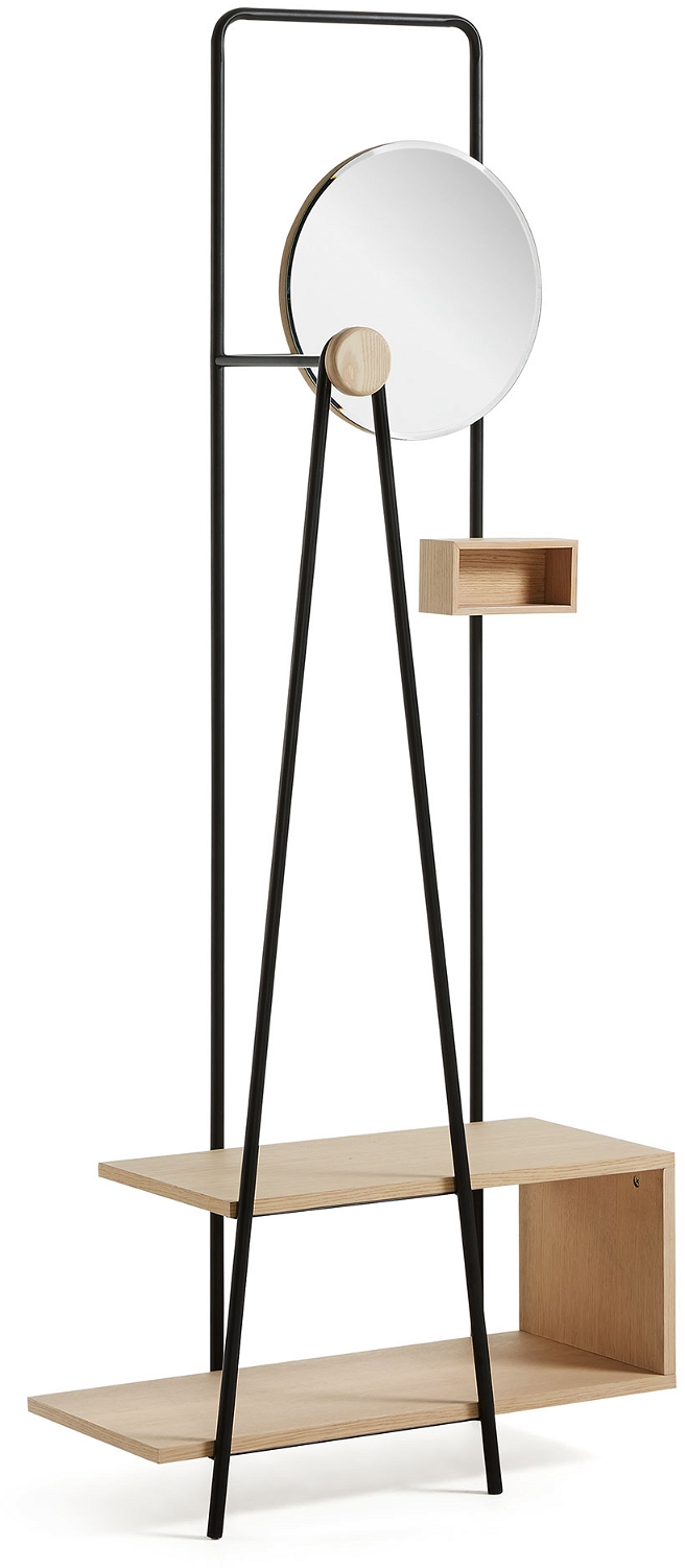 Stumtjener Kave Home Angelo  -  Nordisk knagerække & hattehylde med spejl i sort metal og ask, H191 x B36 x L76 cm
