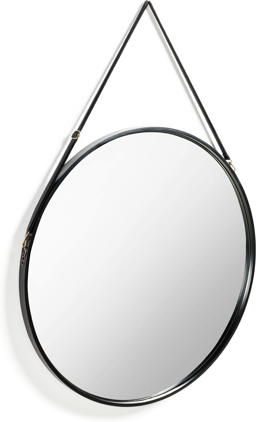 Rundt vægspejl Ø80 cm Kave Home Raintree  -  sortmalet MDF & glas med justerbar sort kunstlæderrem