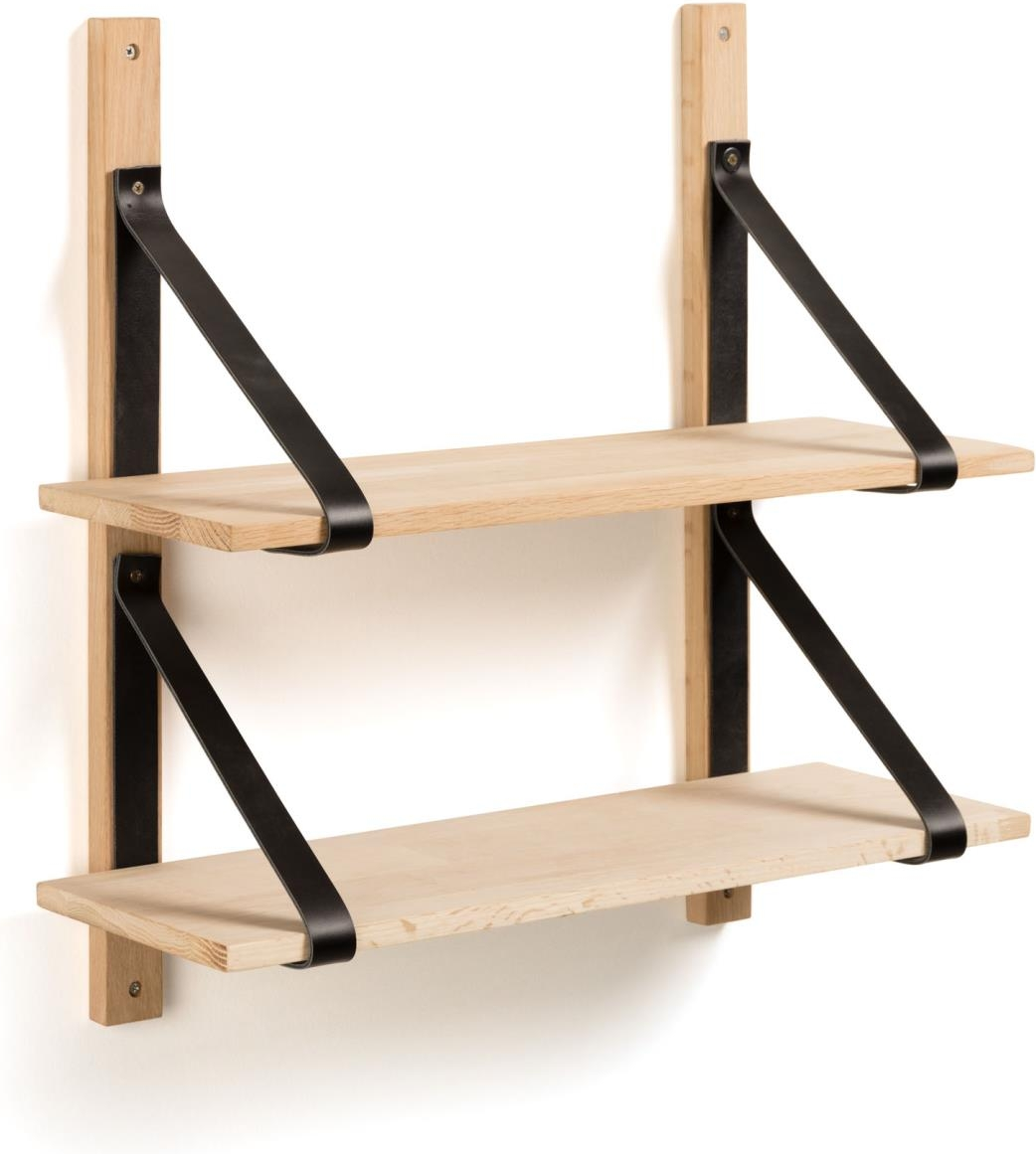 Væghylde Kave Home Nazeli 2-niveaus massiv eg med hvidkalket finish og læderremme H60xB22xD60 cm