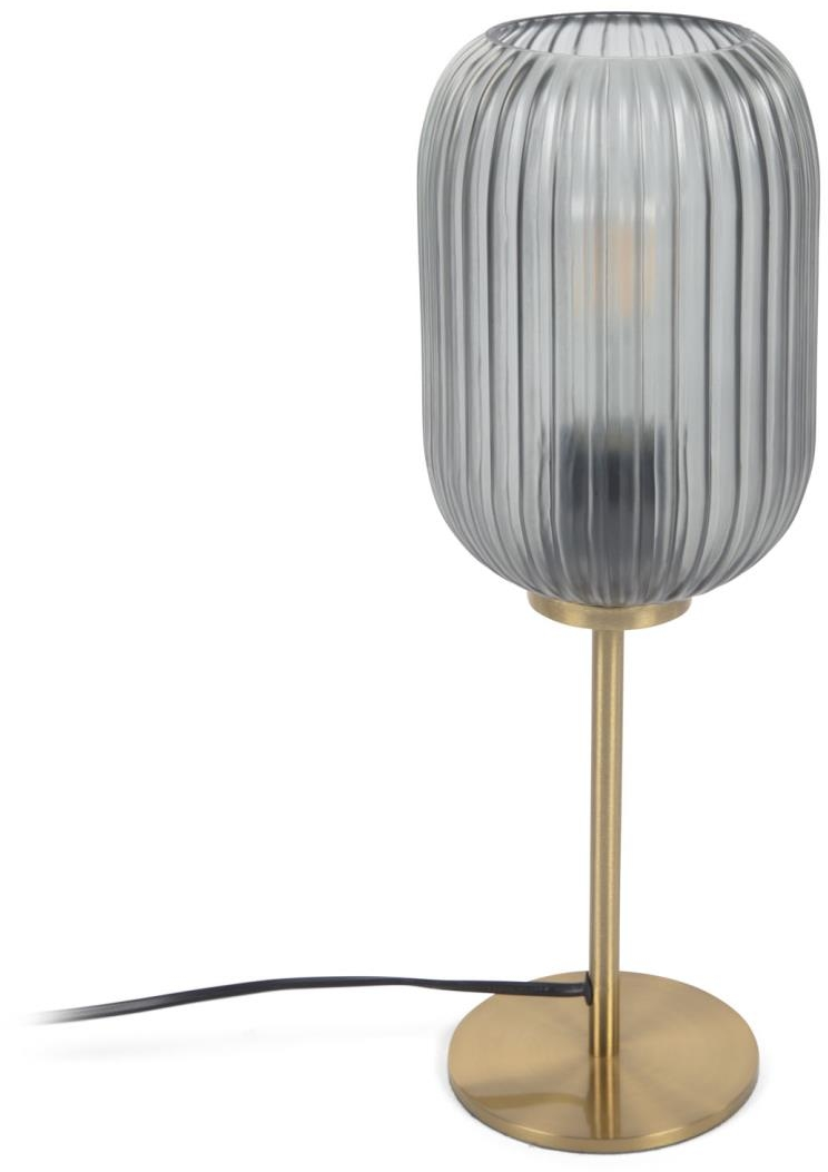 Bordlampe Kave Home Hestia  -  rustik vintage industriel lampe med røget glasskærm og messingstativ, H40 x Ø14 cm