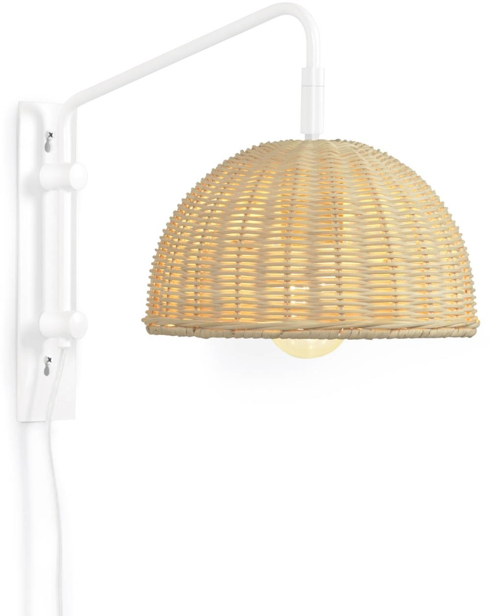 Væglampe Kave Home Damila  -  Kolonialt design i rattan & hvidt metal, justerbar højde