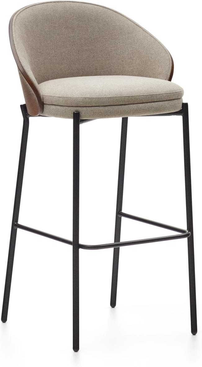 Barstol/skammel med ryglæn Kave Home Eamy, beige chenille, asketræsfinér wenge & mat sort metal