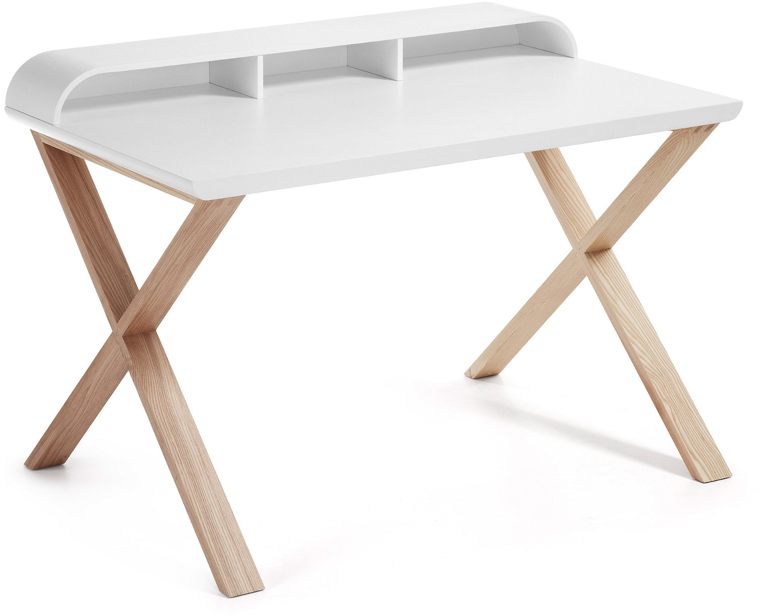 Skrivebord Working fra Kave Home  -  nordisk moderne design med hvid bordplade, asketræsben og integreret hylde