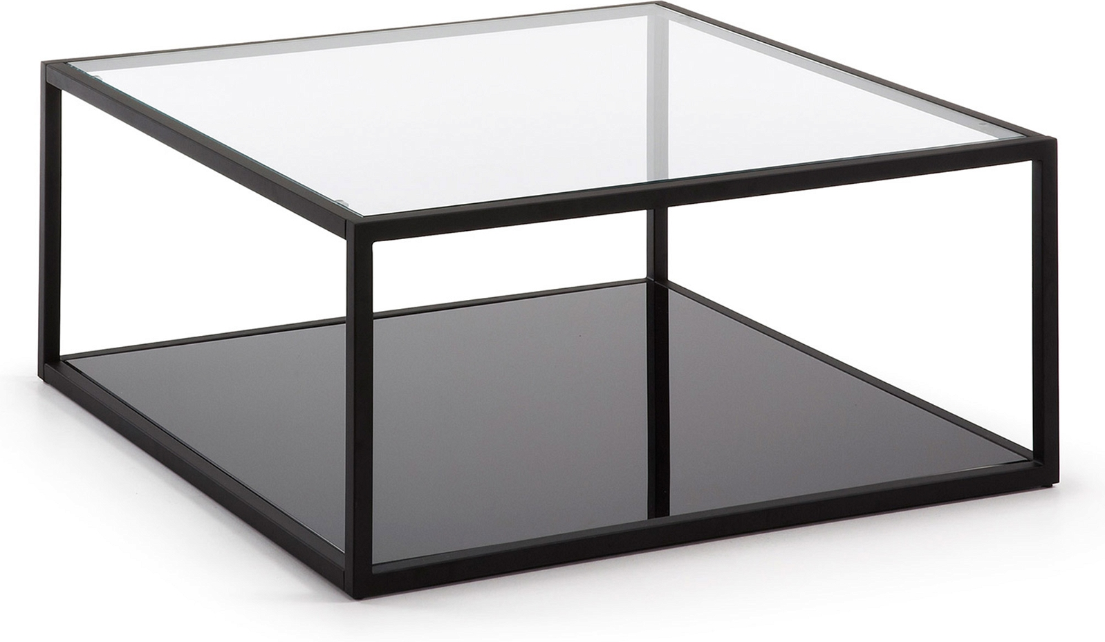 Sofabord/kaffebord Kave Home Blackhill i sort pulverlakeret stål og klart hærdet glas 80x80x35 cm