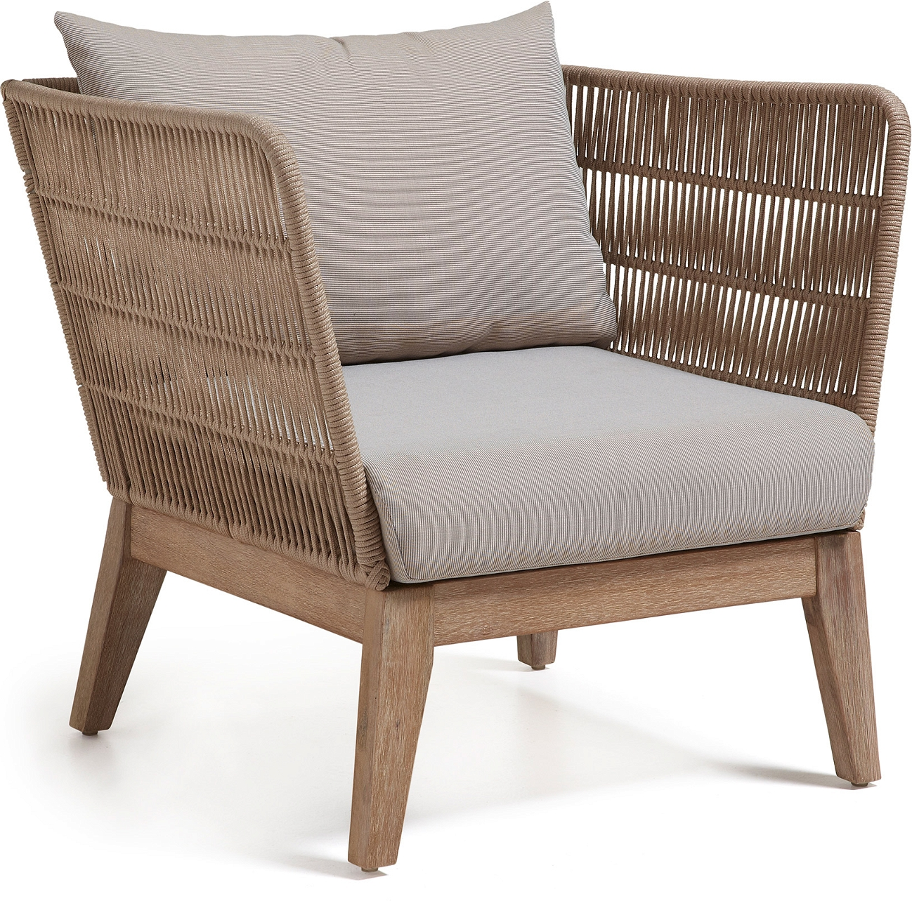 Udendørs lænestol til terrasse Kave Home Belleny i massivt eukalyptustræ med UV-beskyttelse og beige polyesterpude H70 x B80 x L86 cm