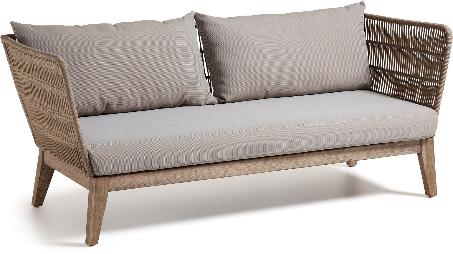 Udendørs 3-personers sofa  -  Kave Home Belleny i massivt eukalyptustræ med puder og madras, UV-bestandig beige/natur/grå
