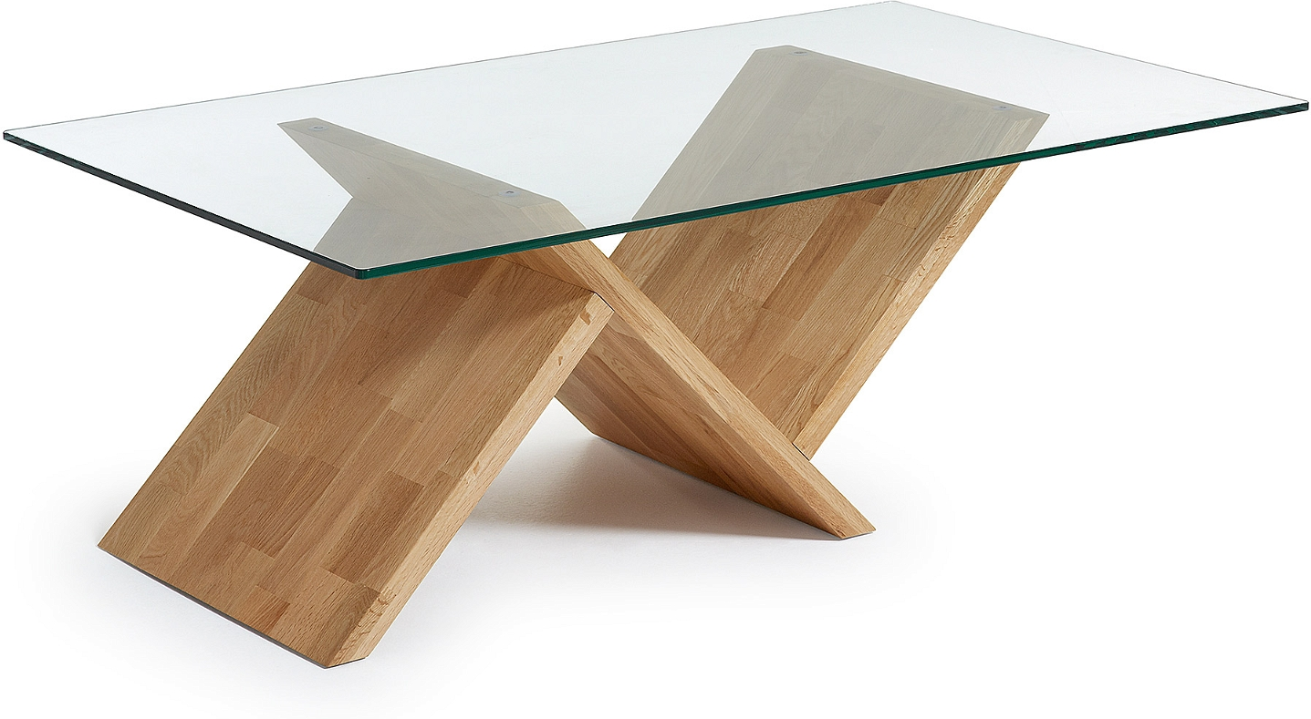 Sofabord Kave Home Waley i glas og massivt egetræ 120 x 70 x 42 cm moderne nordisk