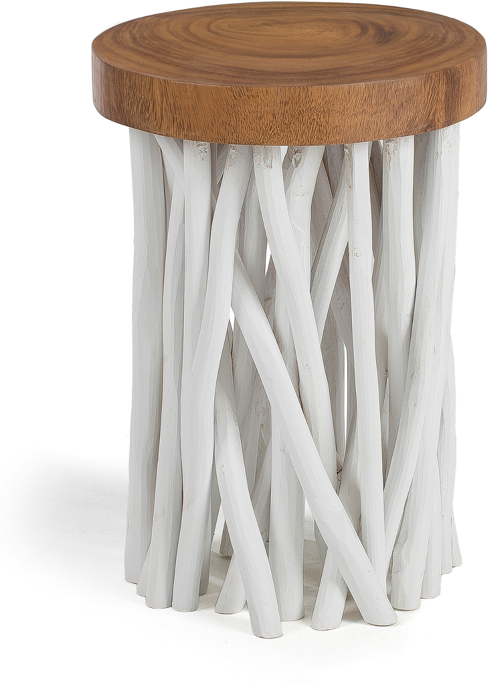 Sidebord Kave Home Drom  -  rustikt småbord i massivt mungutræ med hvide teakgrene Ø35 x H50 cm