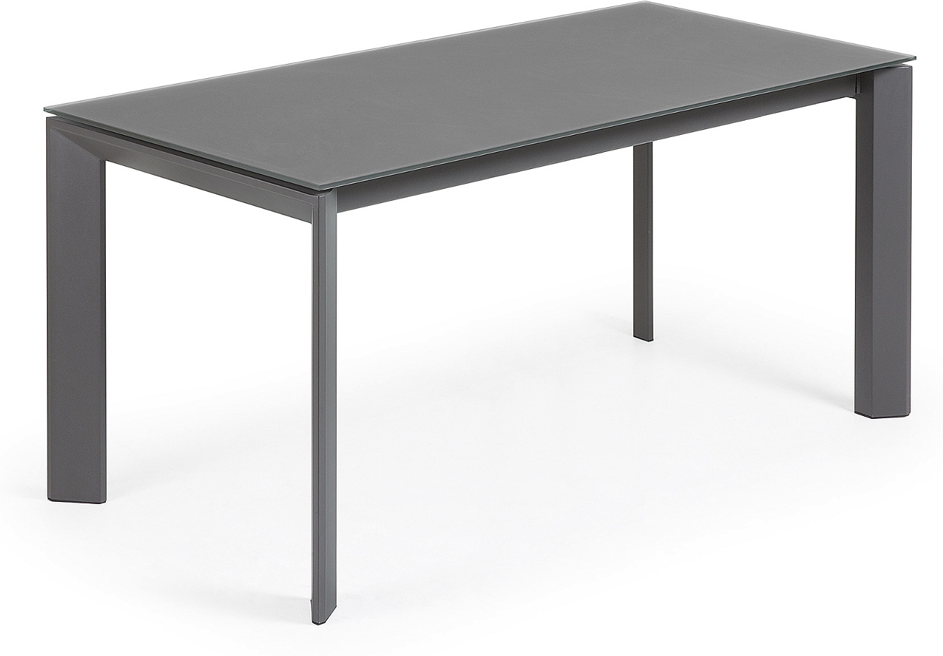 Spisebord med udtræk Kave Home Axis  -  moderne gråt hærdet glas & pulverlakeret stål 160x90x76 cm