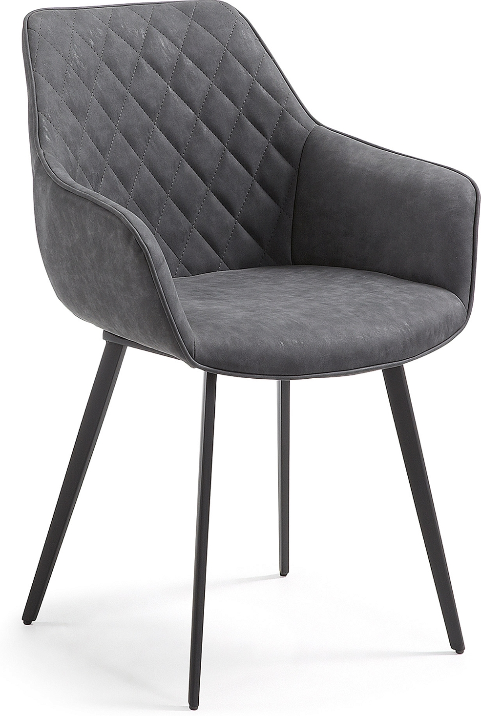 Spisebordsstol med armlæn armstol Kave Home Amira sort syntetisk læder polstret ryglæn pulverlakerede stålben nordisk design