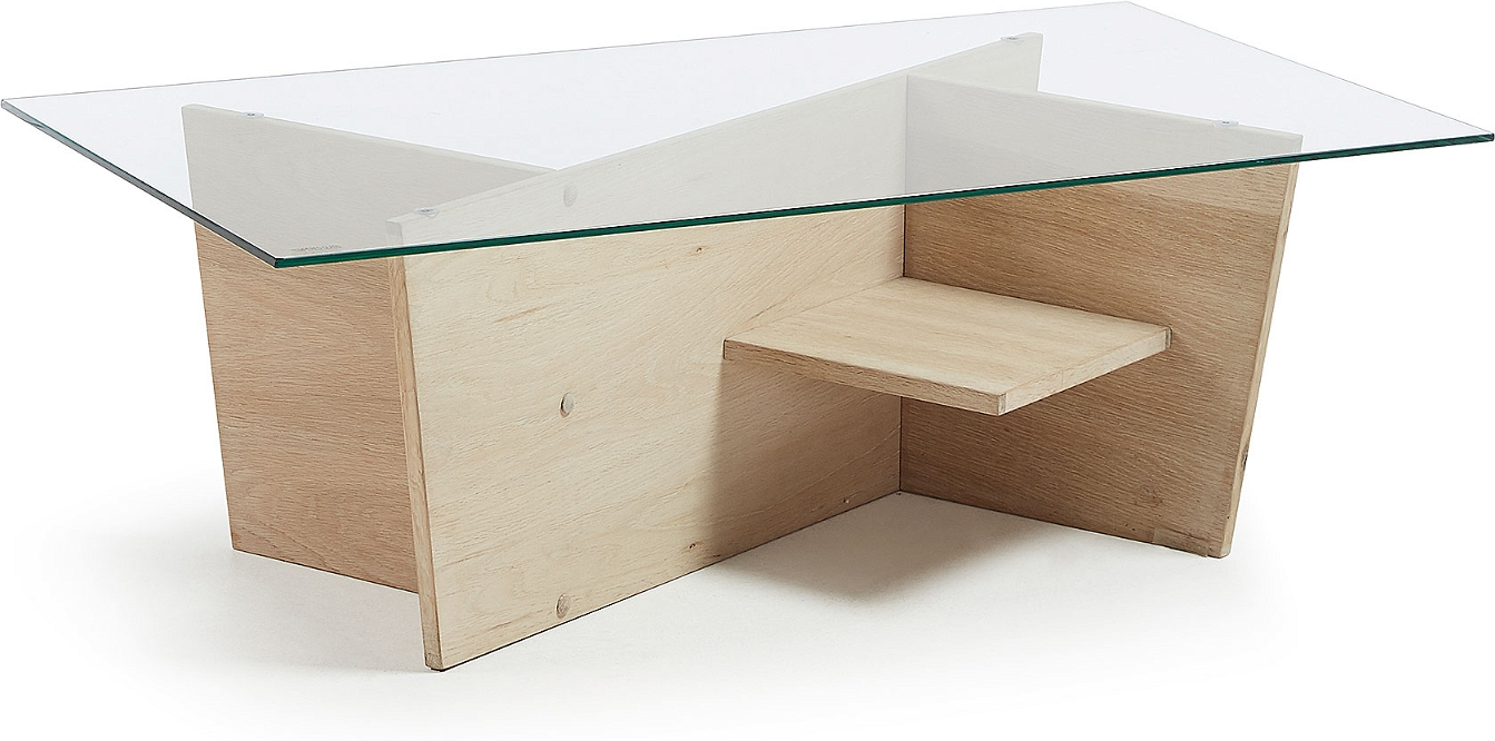 Sofabord Kave Home Brooke moderne design med massiv glasplade, hvide egetræsben og hylder til opbevaring 110x60x36 cm