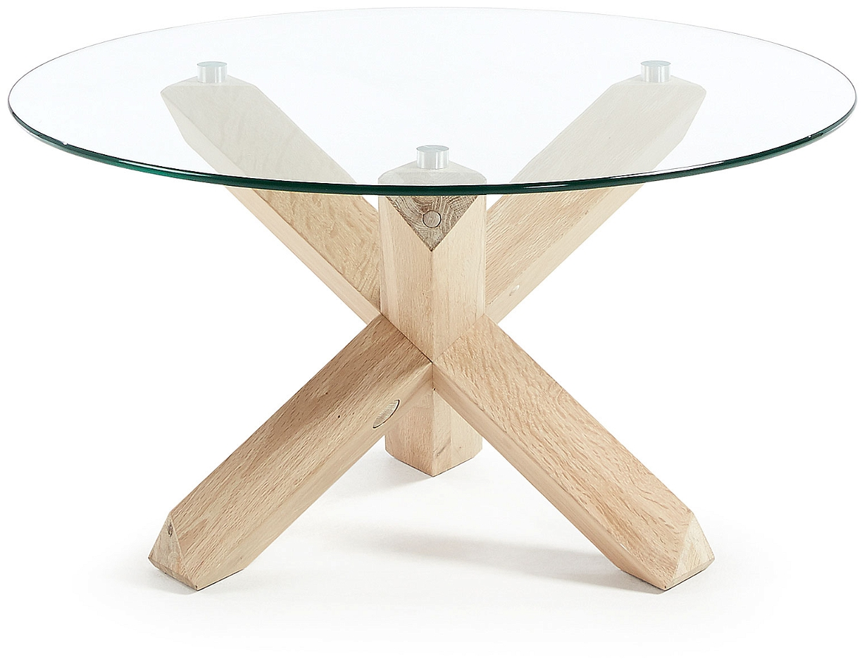 Sofabord Kave Home Lotus, rund hærdet glasplade, voksbehandlet egetræ hvid finish Ø65Ã45 cm nordisk design
