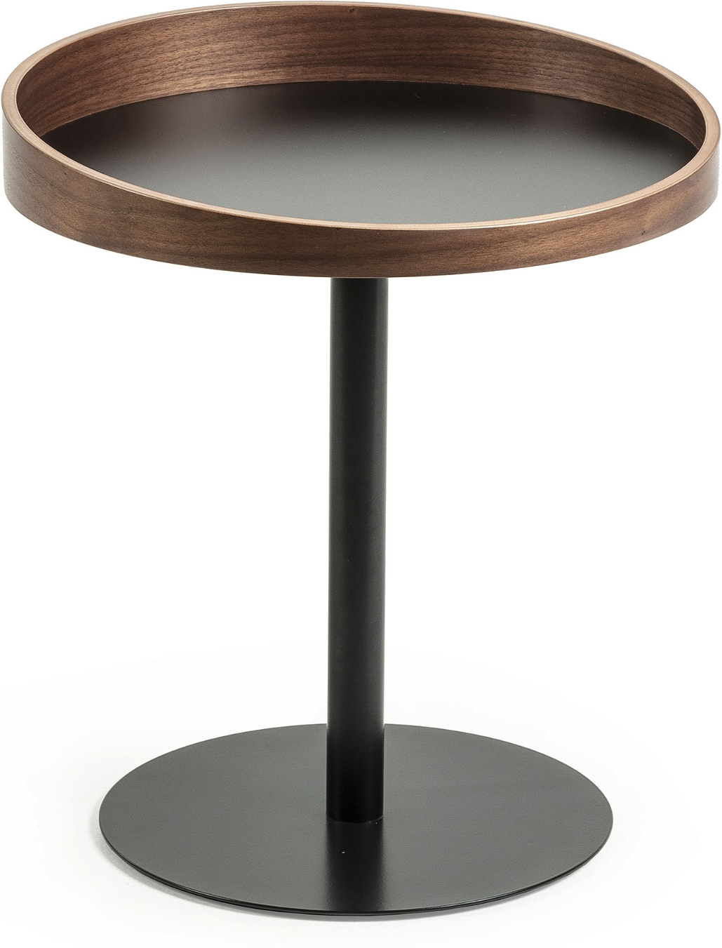 Bakkebord Kave Home Kaori  -  Moderne rundt sidebord i sortmalet valnødefiner og pulverlakeret stål H51xØ46 cm