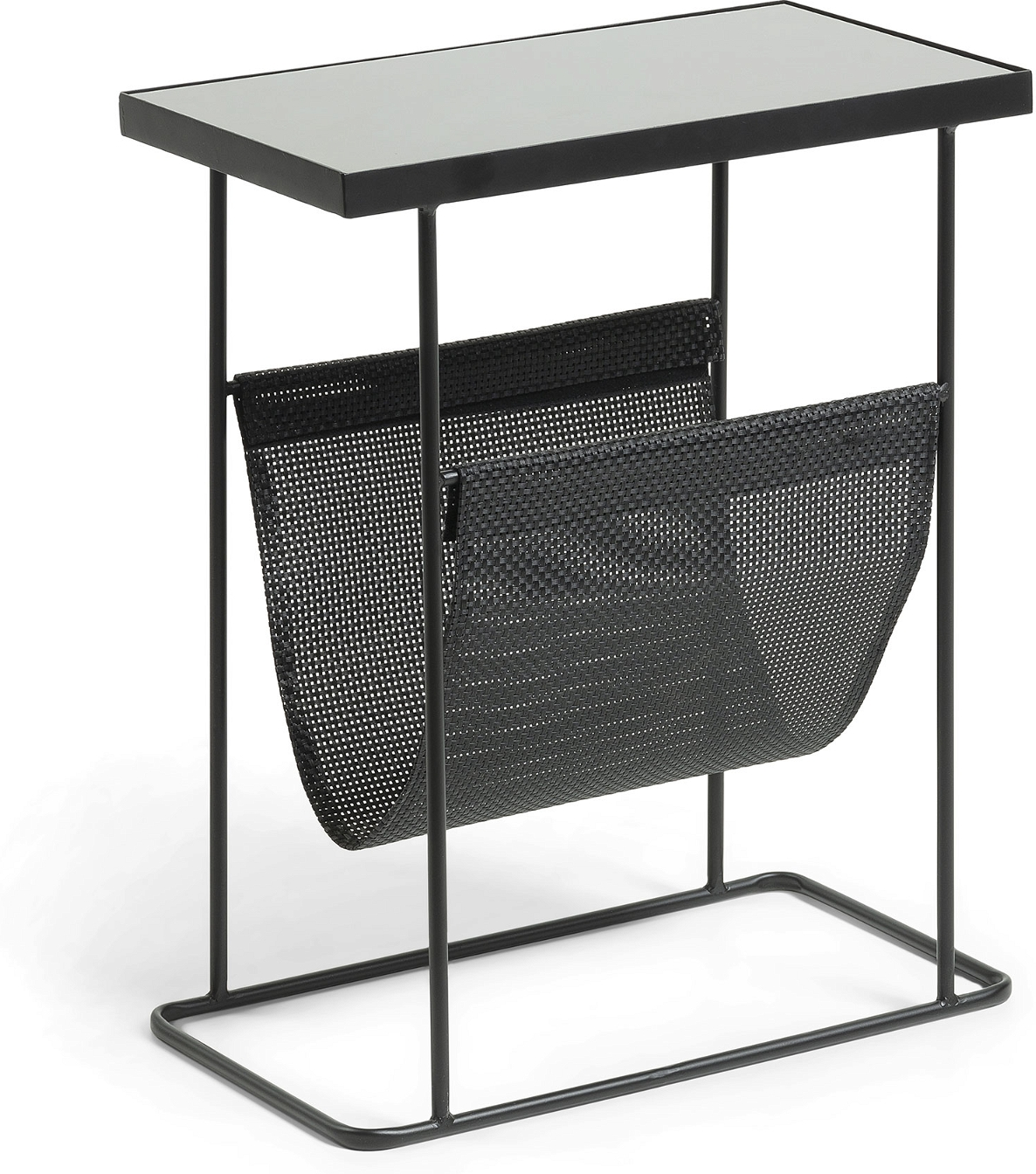 Sidebord Kave Home Vivienne  -  moderne småbord i sort glas & sortmalet metal med magasinholder, 55Ã25Ã45 cm