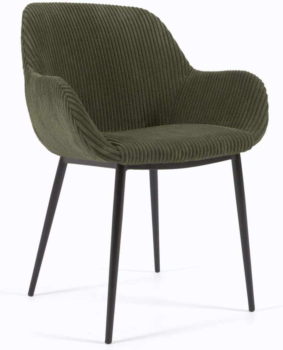 Spisebordsstol med armlæn Kave Home Konna polstret fløjl grøn corduroy vintage industrielt design sort metalstel