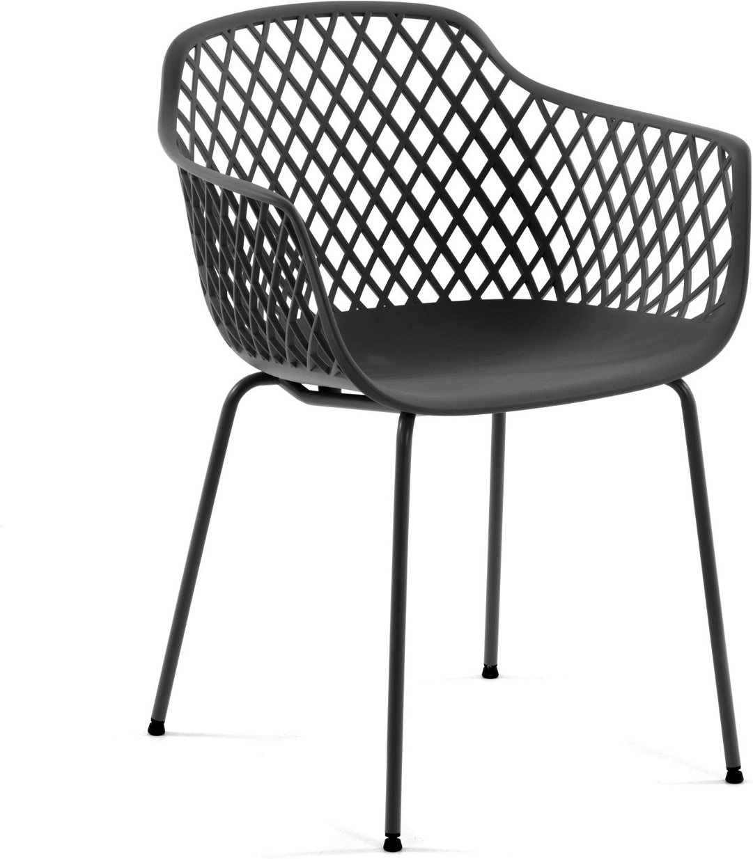 Udendørs spisebordsstol med armlæn Kave Home Quinn havestol i grå plast og stålben, vejrbestandig nordisk design
