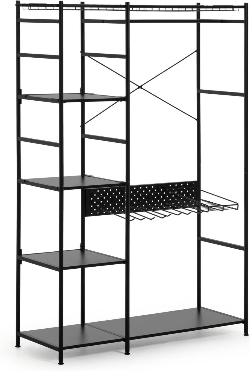 Tøjstativ Kave Home Storn  -  Sort pulverlakeret metal med 4 hylder og kroge H182ÃB45ÃL120 cm