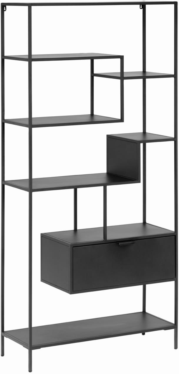 Reol Kave Home Shantay i sort pulverlakeret stål med 7 hylder og skuffe, industrielt design