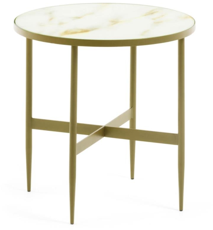 Sidebord Kave Home Elisenda  -  hærdet glas småbord med marmorfinish og guldstel Ø50 cm