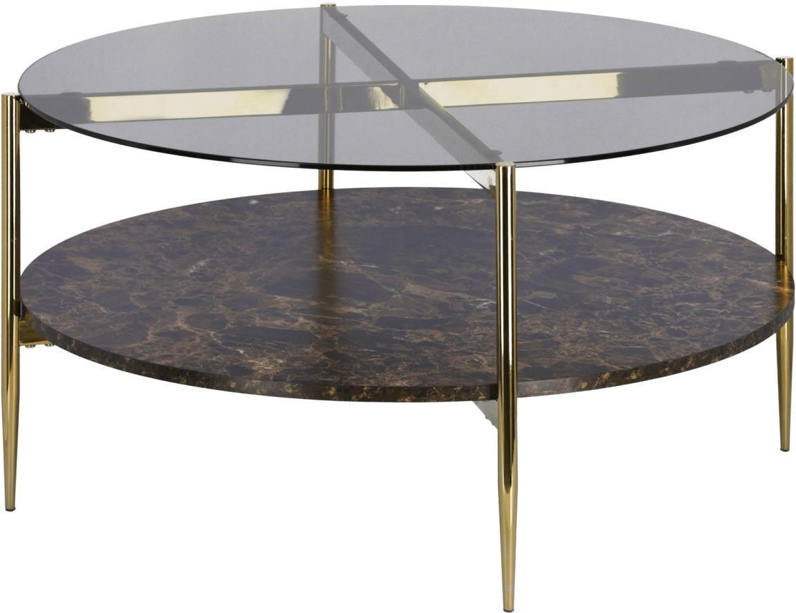 Sofabord Kave Home Kamilah rund tonet glas marmoreffekt hylde guldfarvet stålramme H43xØ84