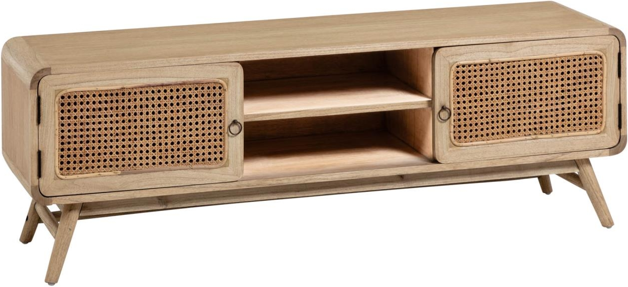 TV-bord Kave Home Nalu i naturligt minditræ med håndflettet rattan, rustik kolonial stil