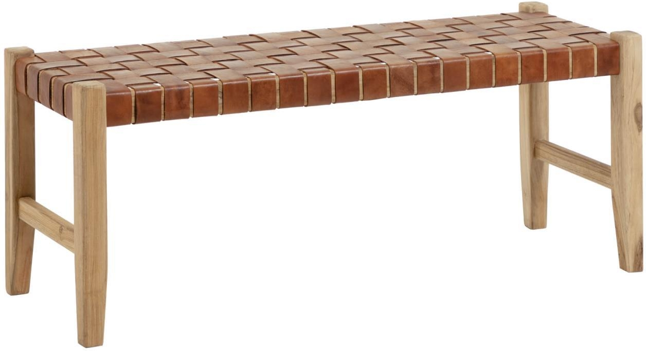 Entrébænk uden ryglæn Kave Home Calixta i teaktræ og håndflettet læder natur 120x40x47 cm