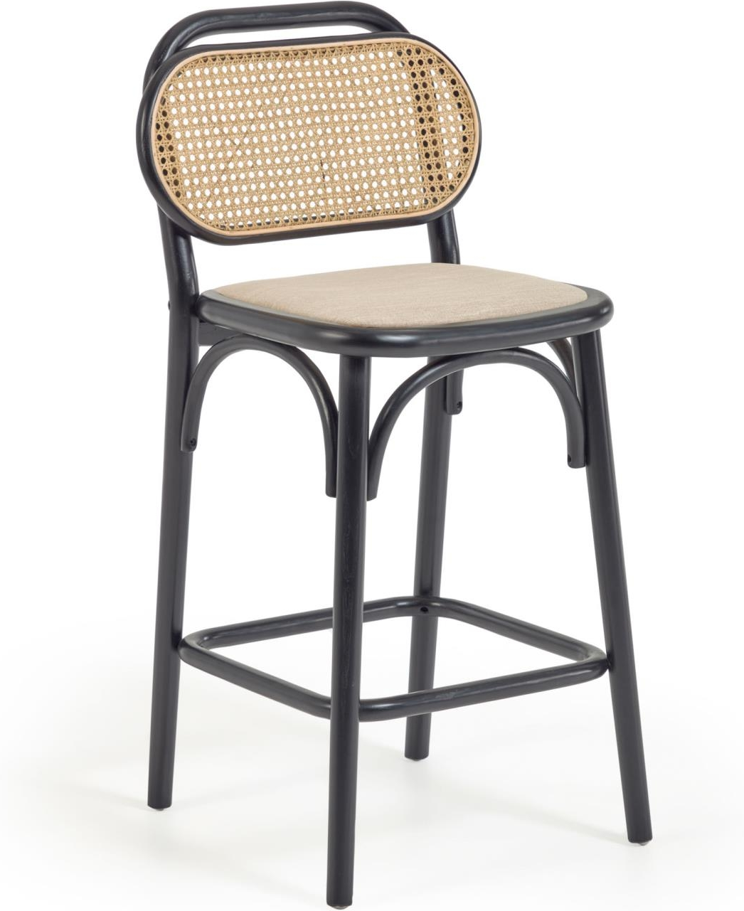 Udendørs barstol Kave Home Doriane i massivt elm og håndvævet rattan med vandafvisende polstring, sort, H97xB46xD47 cm