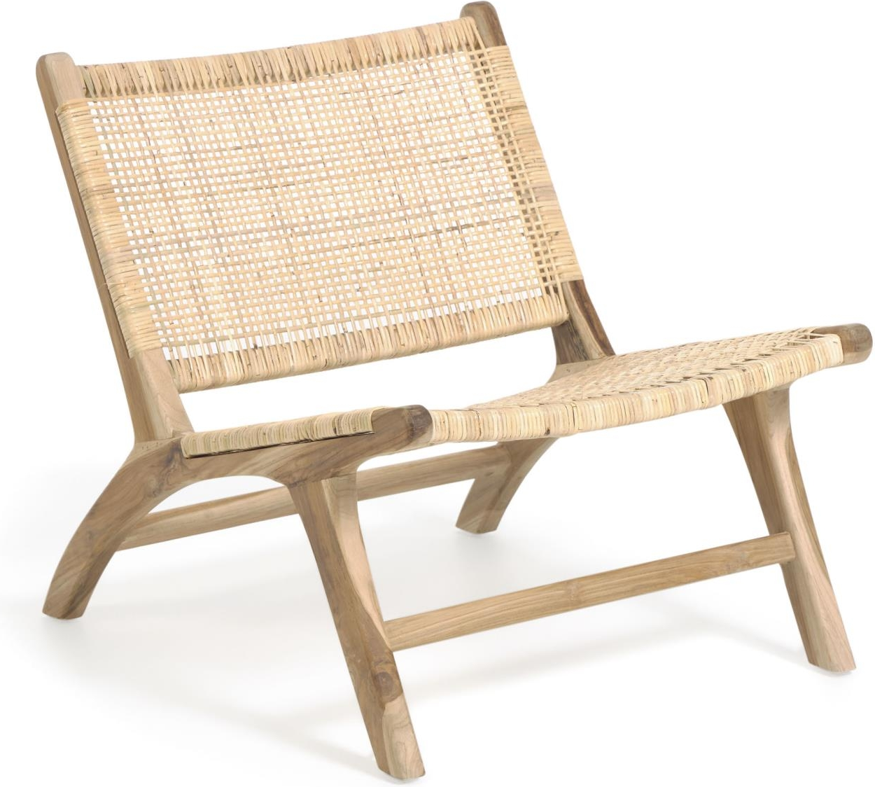 Lænestol Kave Home Beida i massiv teak og håndvævet rattan, rustik kolonial, natur H68xB65xL75 cm