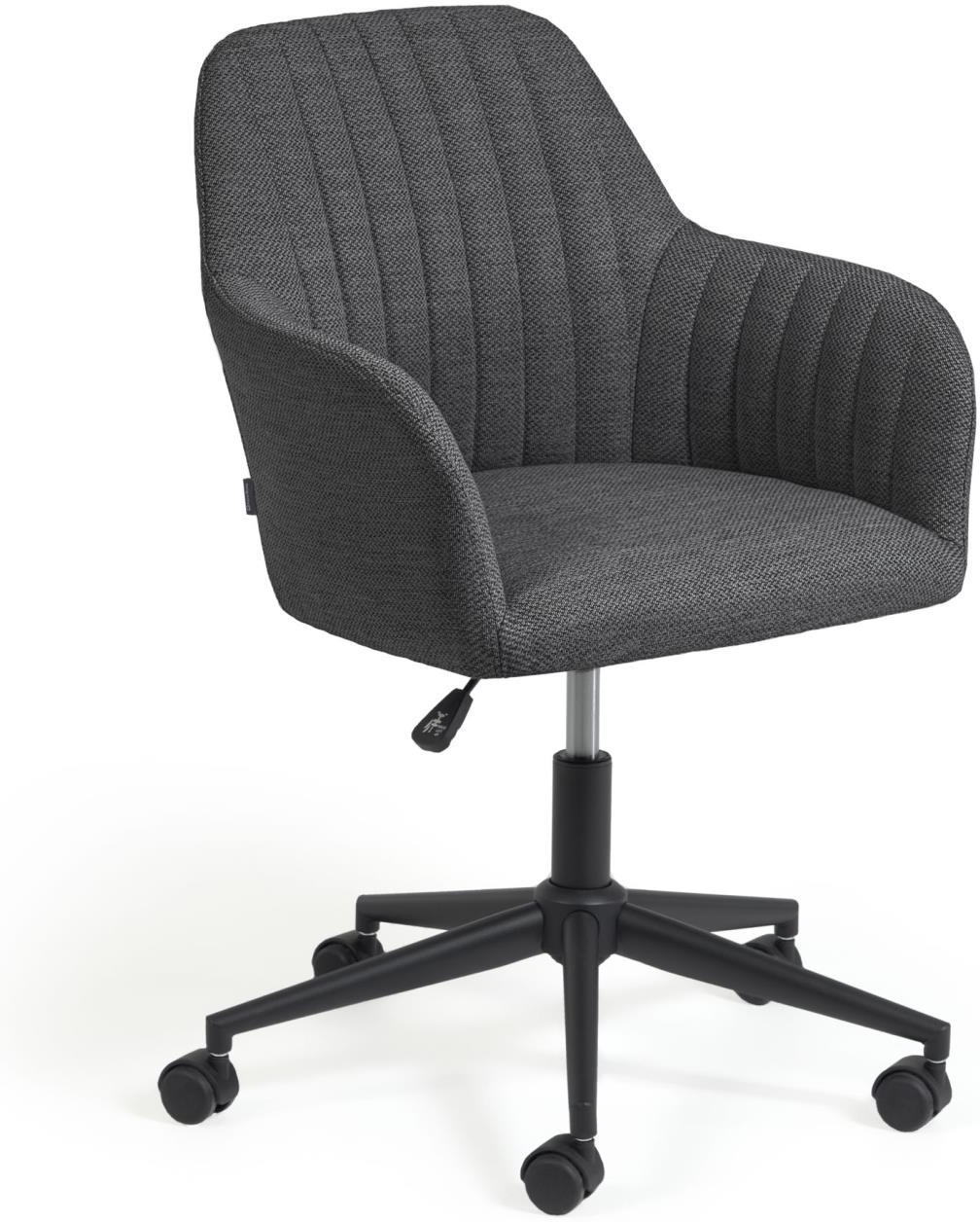Kontorstol Kave Home Madina ergonomisk polstret arbejdsstol nordisk mørkegrå tekstil armlæn gaslift hjul