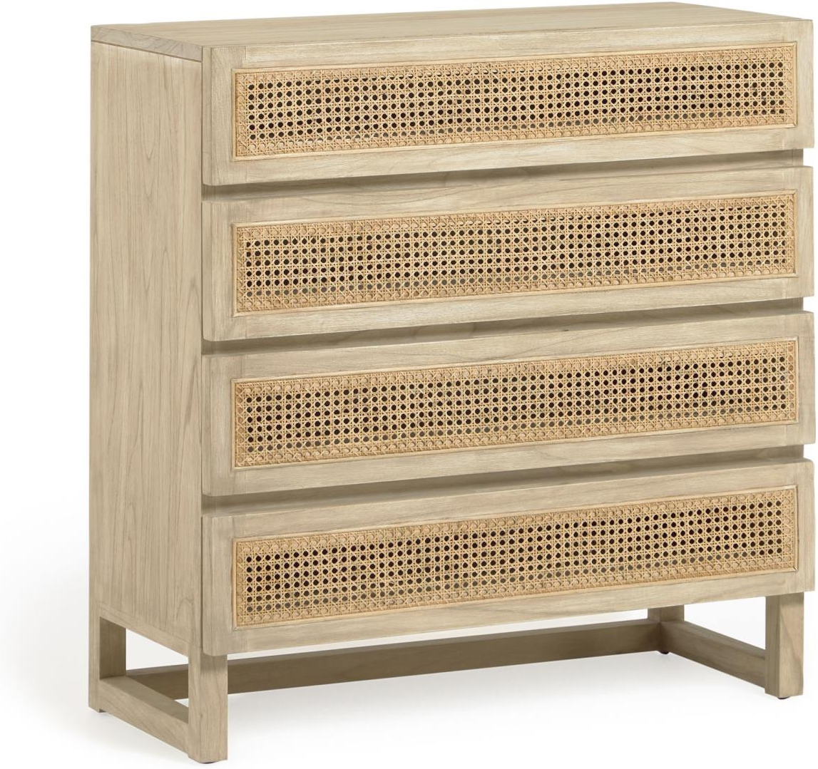 Kommode Kave Home Rexit rustik natur 4 skuffer i massivt minditræ med håndflettet wienerrattanfront 93x90x38 cm