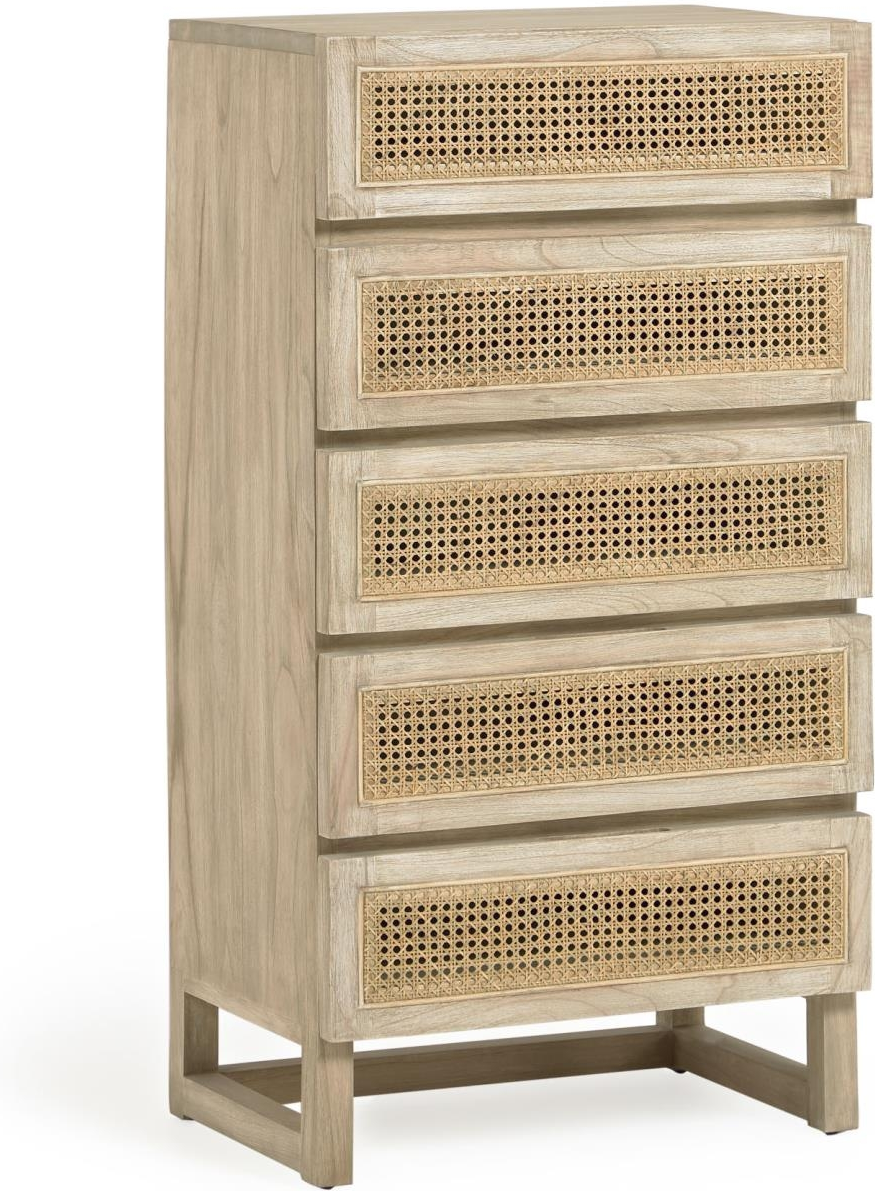 Kommode Kave Home Rexit H113xB38xL60 cm massivt mindi-træ natur med håndflettet rattan 5 skuffer rustik kolonial