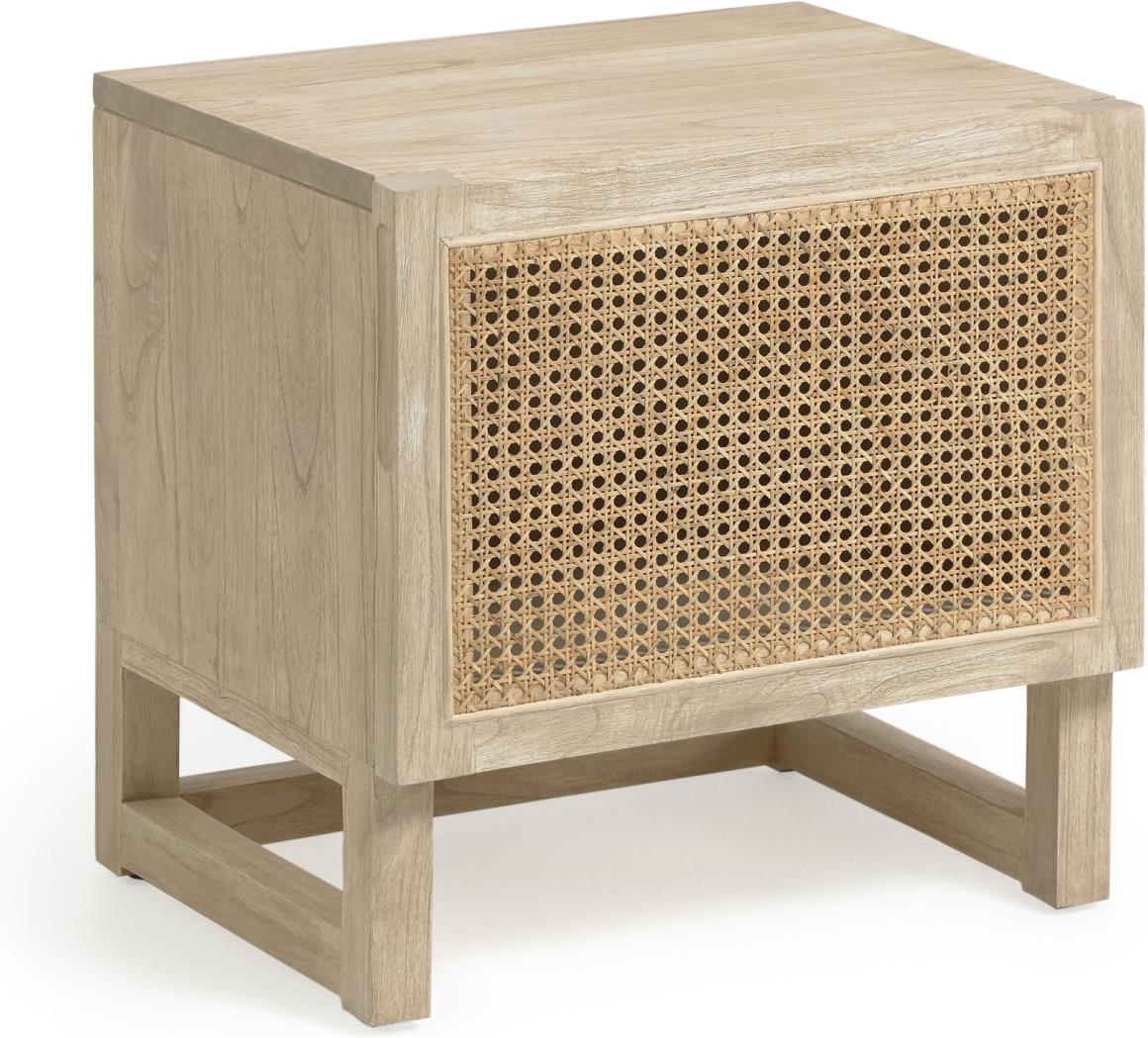 Sengebord Kave Home Rexit rustikt kolonialt i massivt minditræ med håndflettet rattanfront natur H48xB38xL50 cm