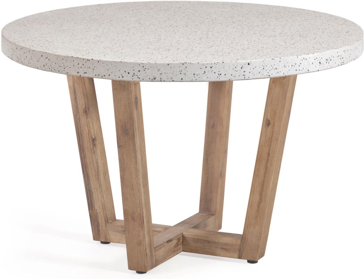 Udendørs spisebord Kave Home Shanelle rund terrazzo-bordplade med akacietræsfødder Ø120 hvid/natur