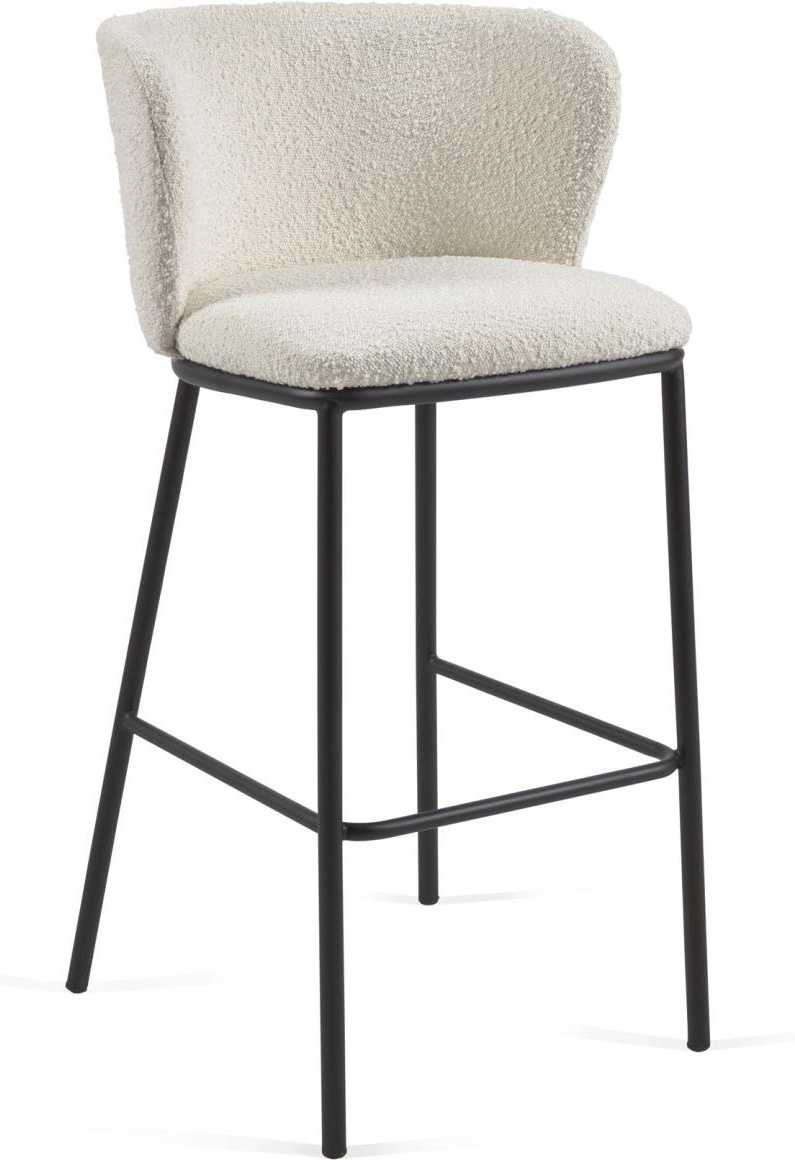 Barstol Kave Home Ciselia hvid polstret stof med fleeceeffekt nordisk design mat sort stålramme miljøvenlig E0 krydsfiner H102 cm