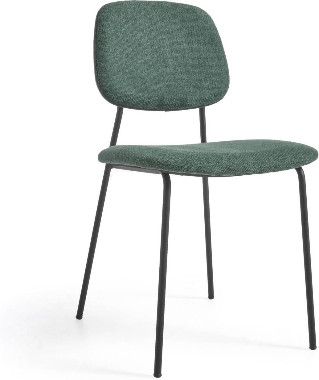 Spisebordsstol Kave Home Benilda grøn polstret chenillestof stålramme nordisk design stabelbar