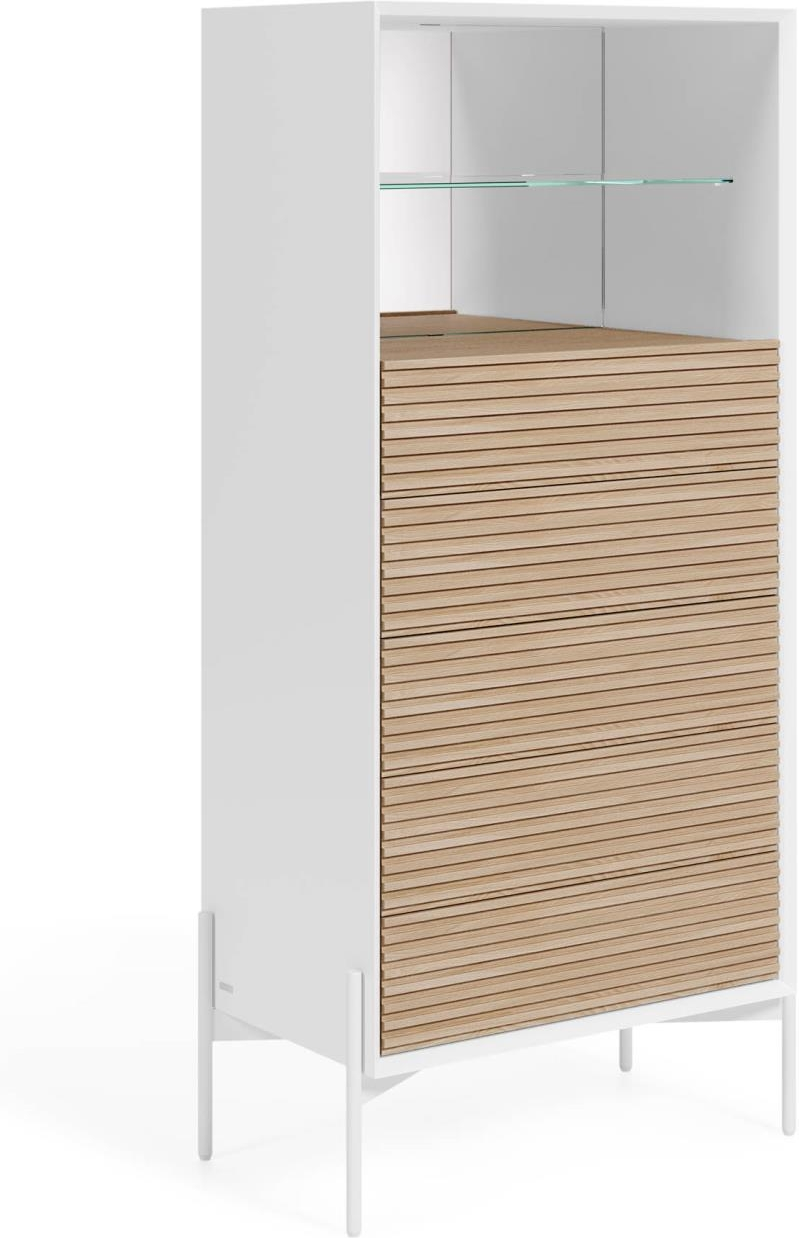 Kommode Kave Home Marielle Hvid  -  Moderne nordisk design med 5 soft-close skuffer, hærdet glas hylde og spejlbaggrund